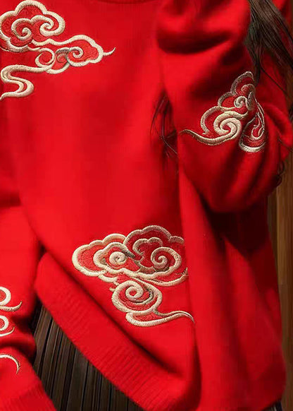 Women Red O Neck Auspicious Clouds Cozy Knit Sweaters Spring