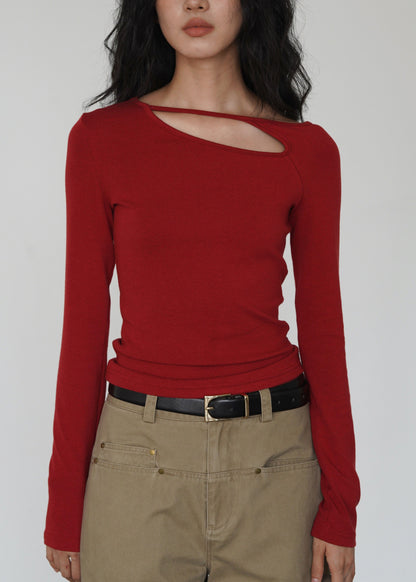 Women Red O Neck Hollow Out Cotton T Shirt Top Spring
