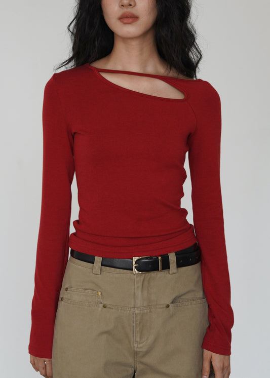 Women Red O Neck Hollow Out Cotton T Shirt Top Spring