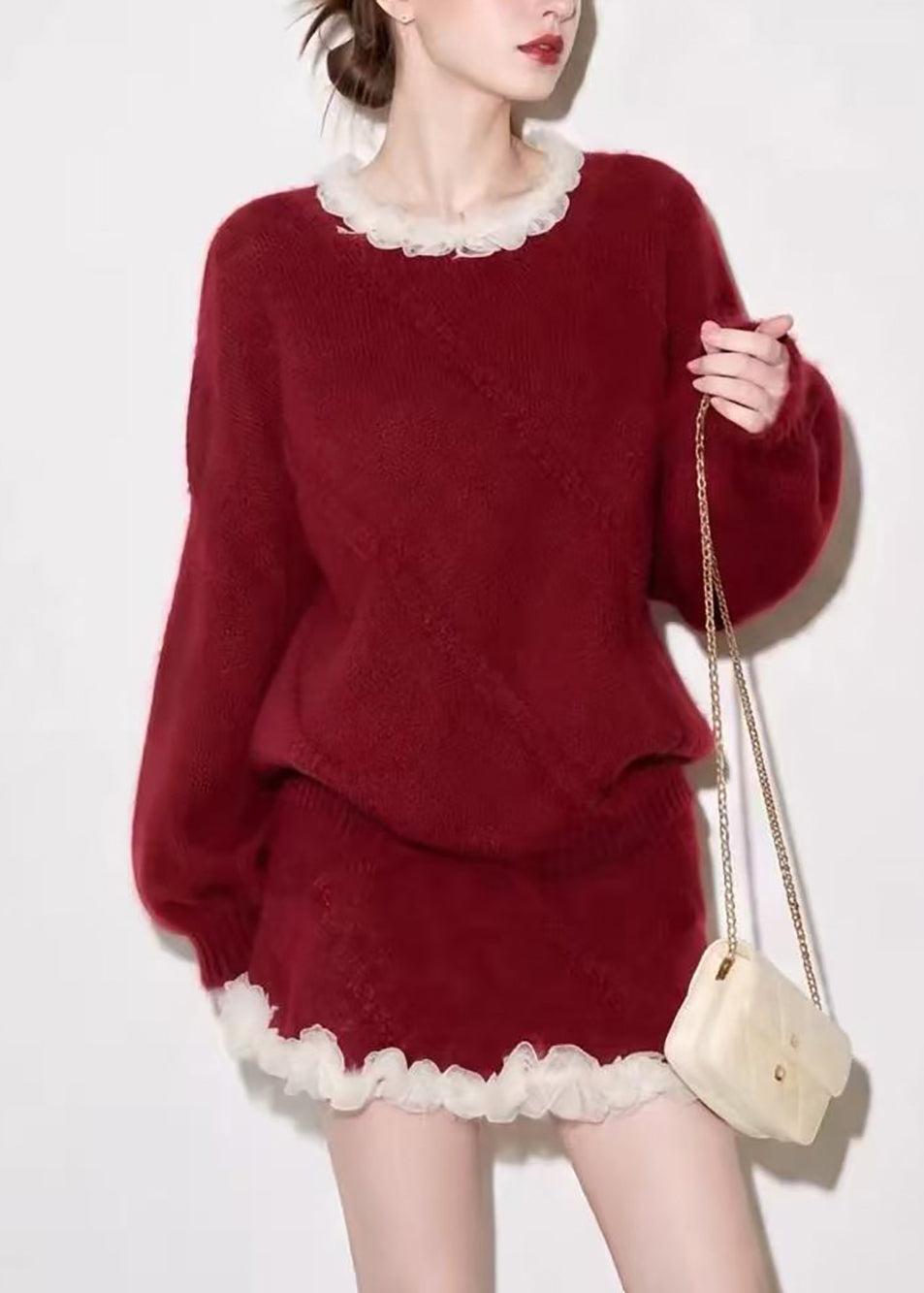 Women Red O-Neck Mesh Ruffled Mink Hair Knitted Two Pieces Set Fall