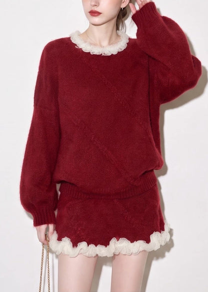 Women Red O-Neck Mesh Ruffled Mink Hair Knitted Two Pieces Set Fall