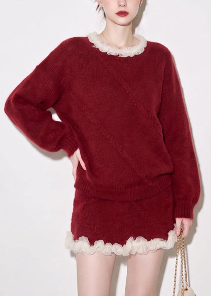 Women Red O-Neck Mesh Ruffled Mink Hair Knitted Two Pieces Set Fall