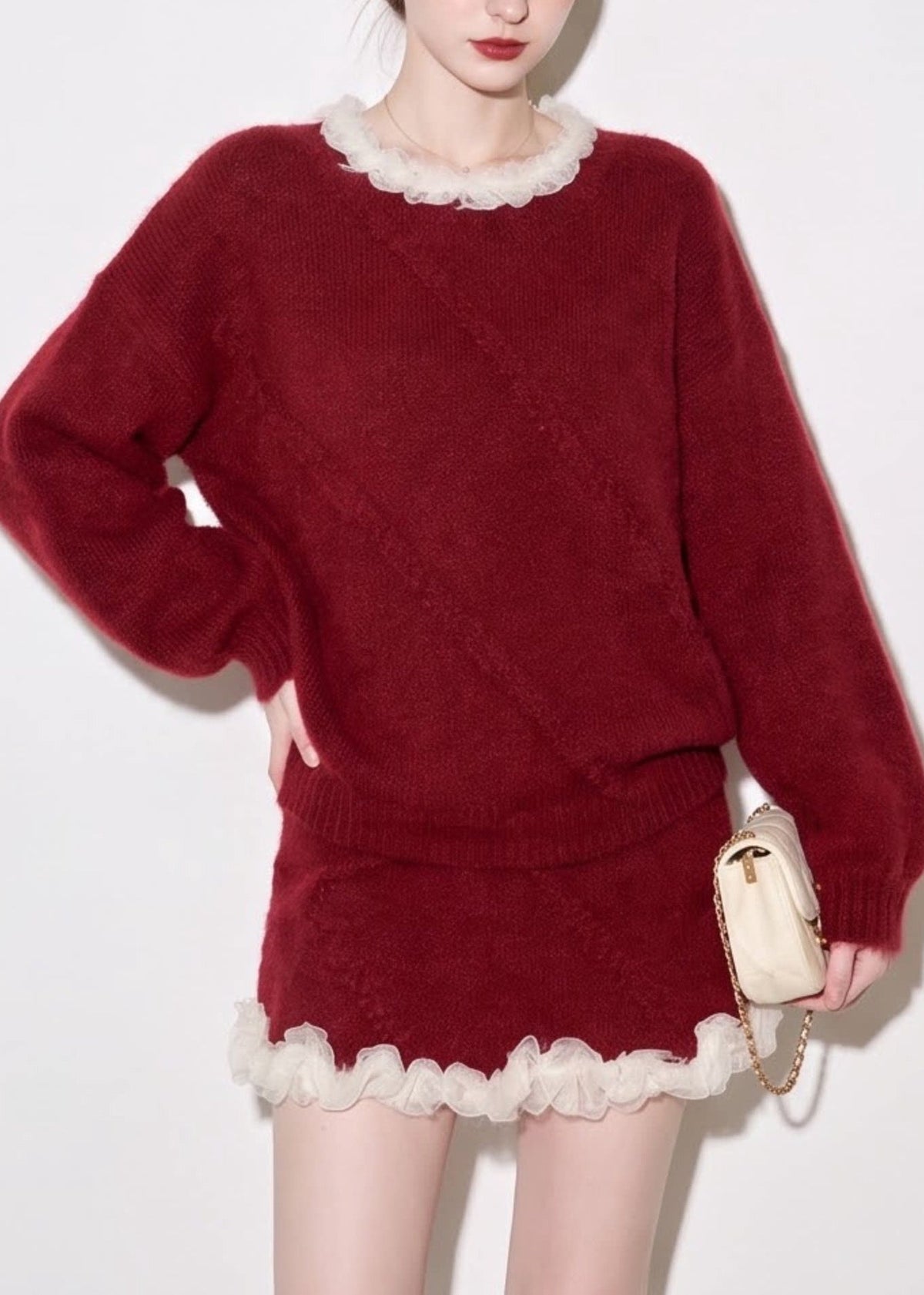 Women Red O-Neck Mesh Ruffled Mink Hair Knitted Two Pieces Set Fall