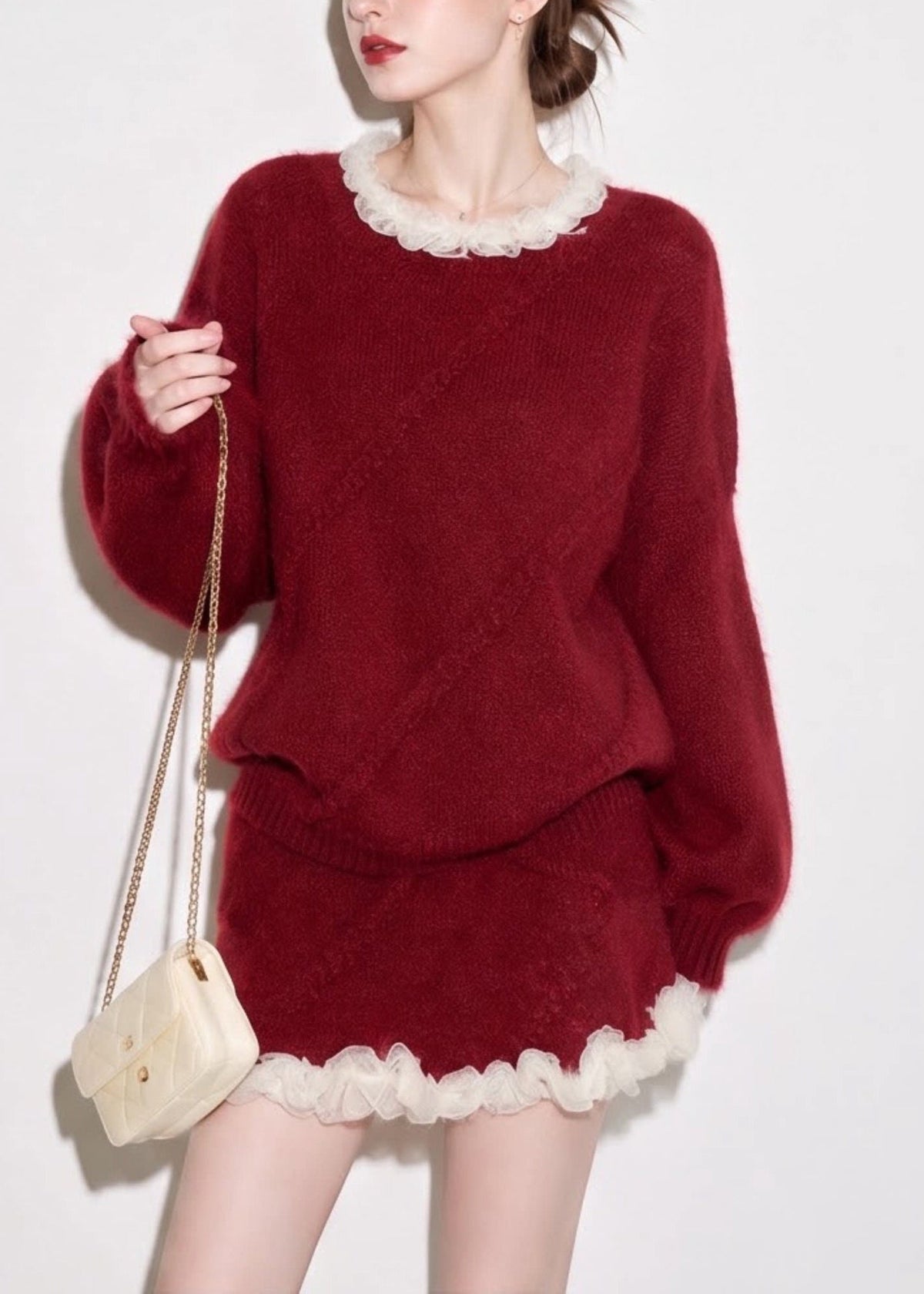 Women Red O-Neck Mesh Ruffled Mink Hair Knitted Two Pieces Set Fall