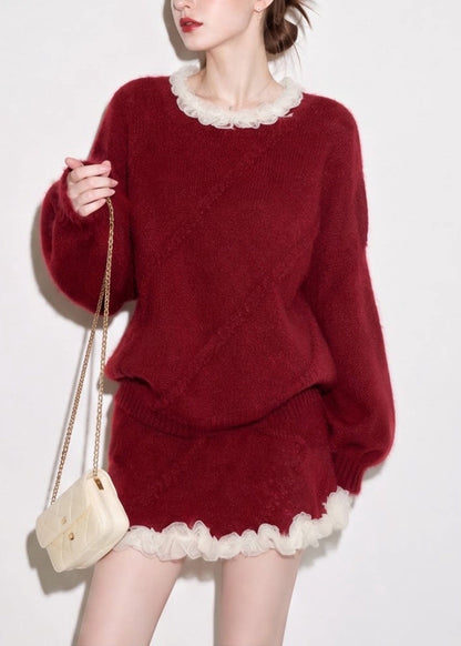 Women Red O-Neck Mesh Ruffled Mink Hair Knitted Two Pieces Set Fall