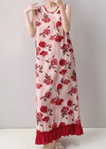Women Red O-Neck Print Long Dresses Summer
