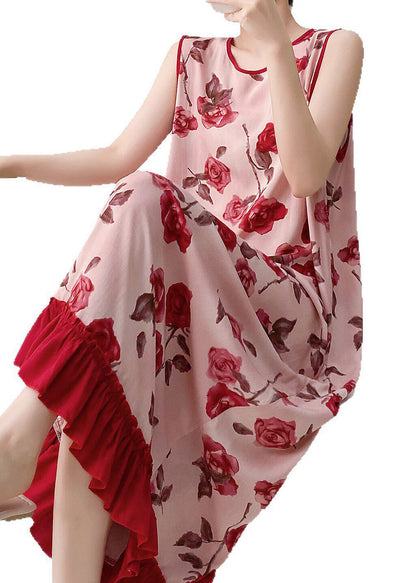 Women Red O-Neck Print Long Dresses Summer