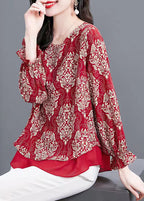 Women Red O Neck Print Patchwork Chiffon Blouses Flare Sleeve