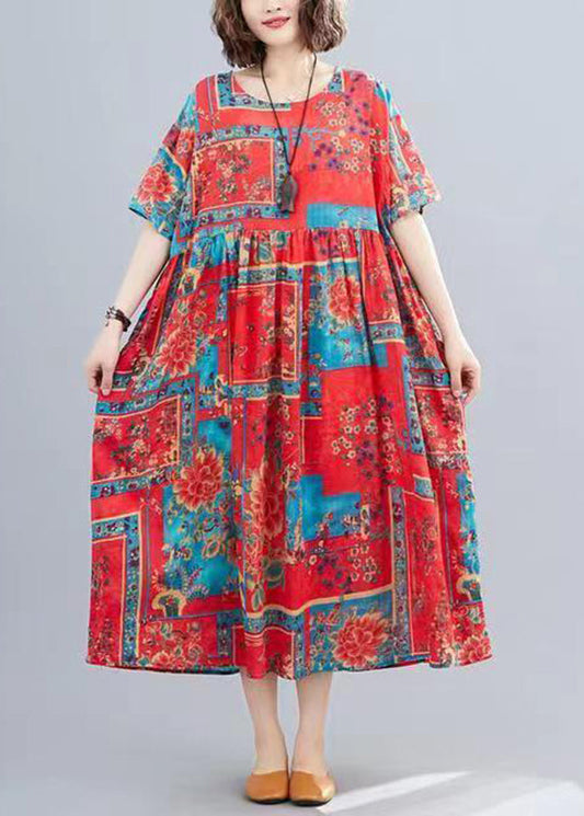 Women Red O-Neck Print Patchwork Long Dresses Short Sleeve