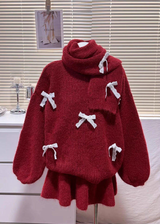 Women Red Oversized Bow Knit Three-Piece Set Winter