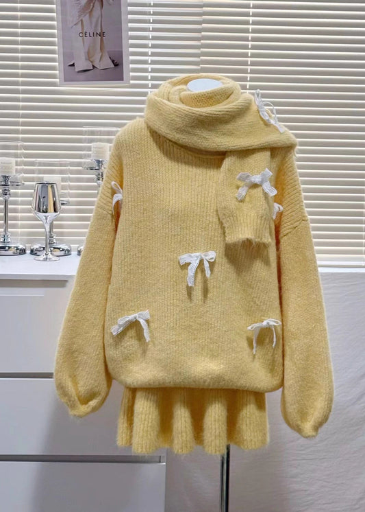 Women Red Oversized Bow Knit Three-Piece Set Winter