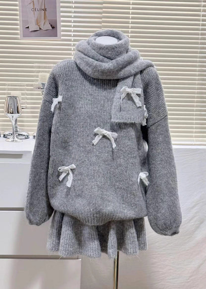 Women Red Oversized Bow Knit Three-Piece Set Winter