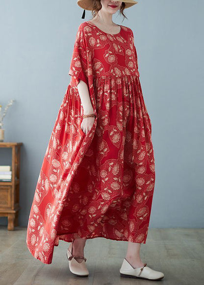 Women Red Oversized Print Exra Large Hem Cotton Vacation Dresses Summer