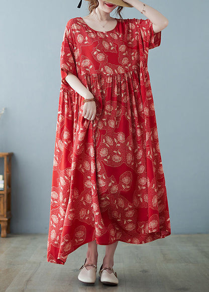 Women Red Oversized Print Exra Large Hem Cotton Vacation Dresses Summer