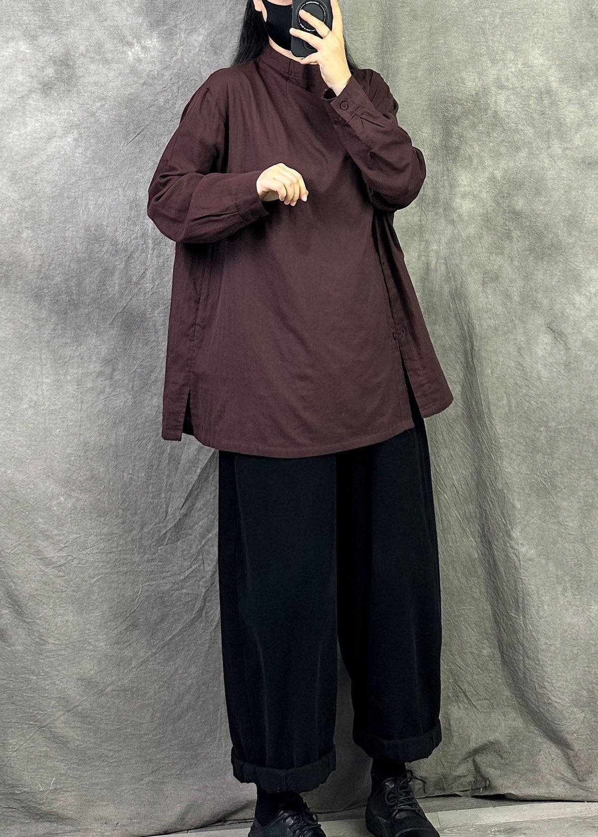 Women Red Oversized Side Open Cotton Shirts Fall