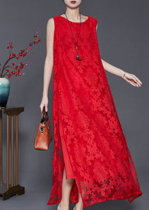 Women Red Oversized Side Open Lace A Line Dresses Sleeveless
