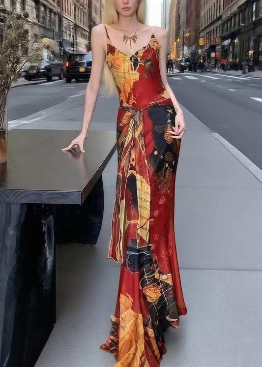 Women Red Painting Tie Waist Tulle Spaghetti Strap Dress Summer