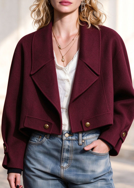 Women Red Patchwork Woolen Coats Long Sleeve