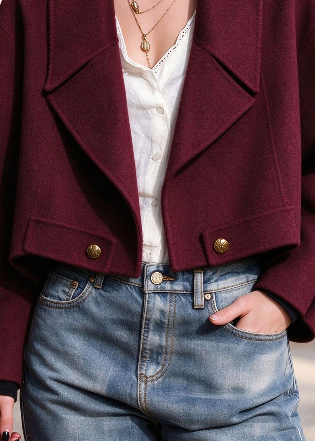 Women Red Patchwork Woolen Coats Long Sleeve