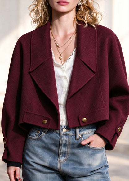 Women Red Patchwork Woolen Coats Long Sleeve