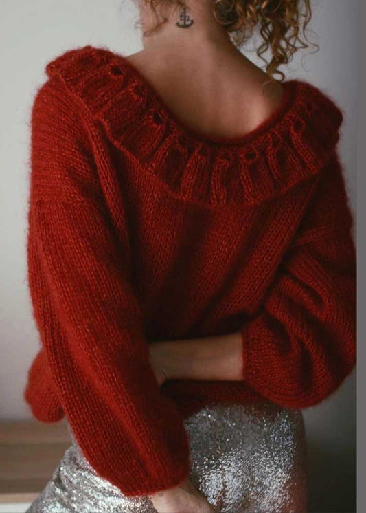 Women Red Peter Pan Collar Oversized Knit Pullover Winter