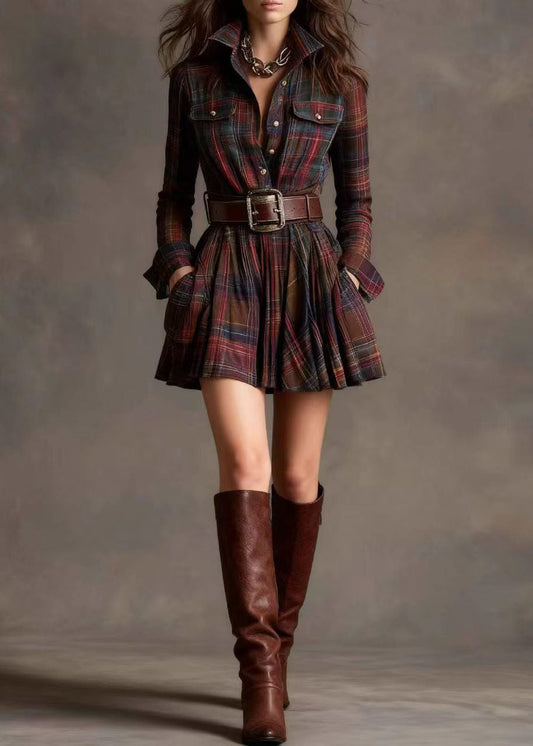 Women Red Peter Pan Collar Plaid Pockets Cotton Mini Dresses Long Sleeve