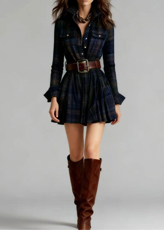 Women Red Peter Pan Collar Plaid Pockets Cotton Mini Dresses Long Sleeve