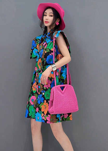 Women Red Peter Pan Collar Print Button Mid Dress Short Sleeve