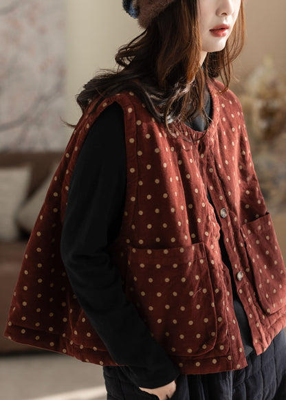 Women Red Pockets Dot Print Button Waistcoat Fall
