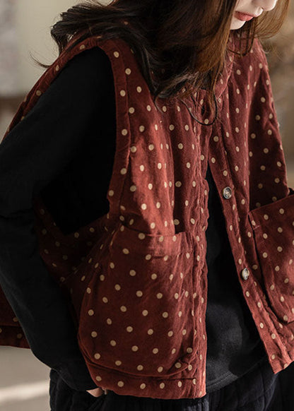 Women Red Pockets Dot Print Button Waistcoat Fall