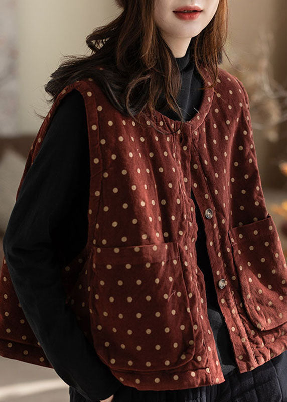 Women Red Pockets Dot Print Button Waistcoat Fall