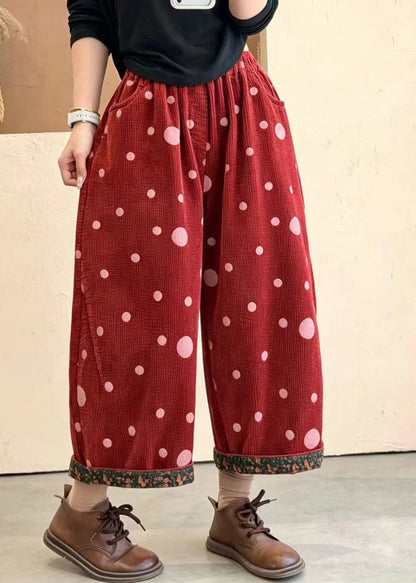 Women Red Pockets Polka Dot Print Elastic Waist Cuffed Corduroy Crop Pants Fall