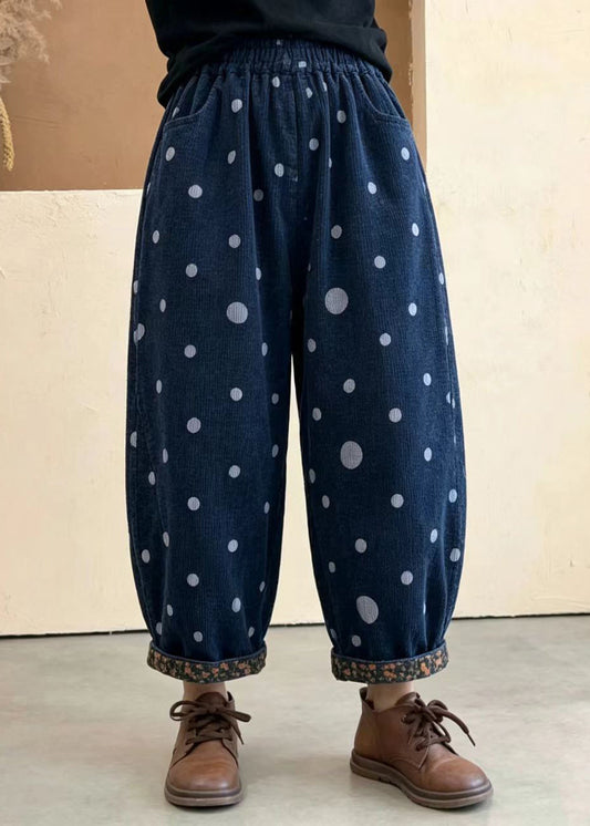 Women Red Pockets Polka Dot Print Elastic Waist Cuffed Corduroy Crop Pants Fall
