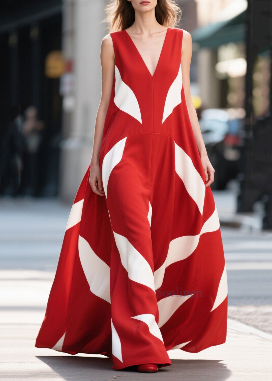 Women Red Print Exra Large Hem Chiffon Long Dress Summer