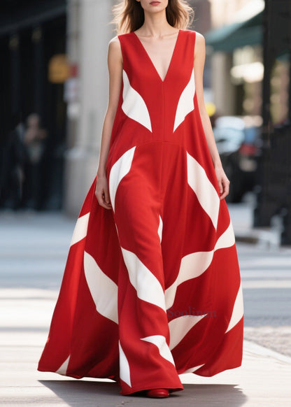 Women Red Print Exra Large Hem Chiffon Long Dress Summer