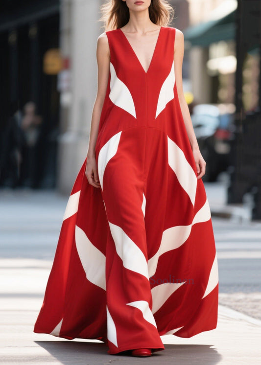 Women Red Print Exra Large Hem Chiffon Long Dress Summer