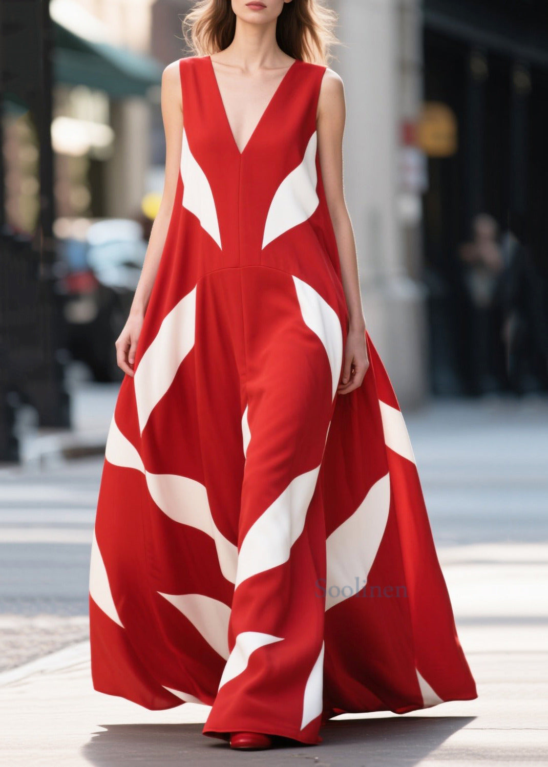 Women Red Print Exra Large Hem Chiffon Long Dress Summer