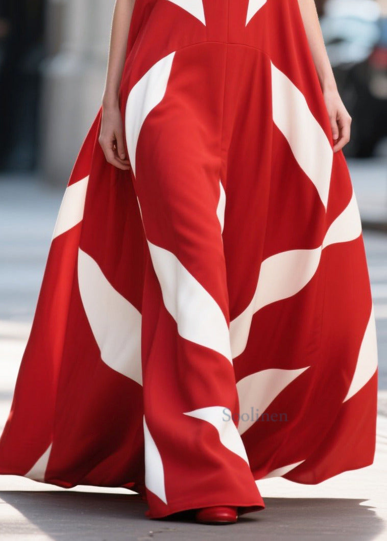 Women Red Print Exra Large Hem Chiffon Long Dress Summer