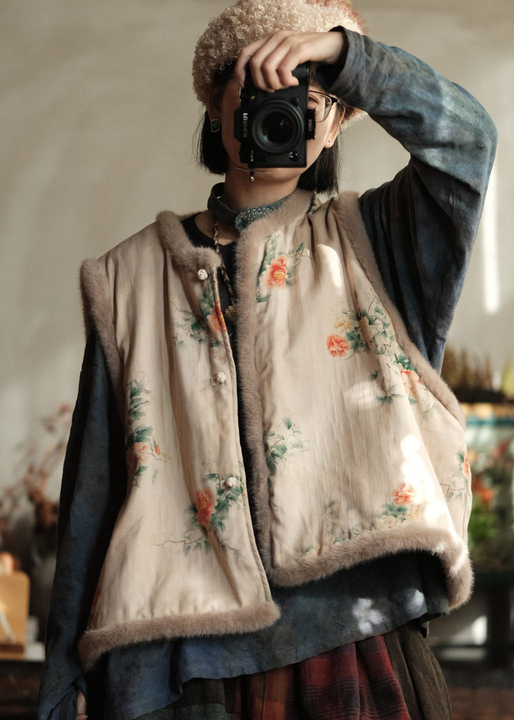 Women Red Print Fuzzy Fur Patchwork Fine Cotton Filled Vest Tops Winter
