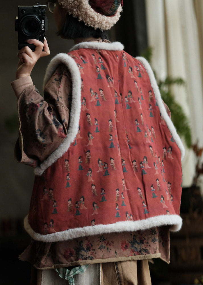 Women Red Print Fuzzy Fur Patchwork Fine Cotton Filled Vest Tops Winter