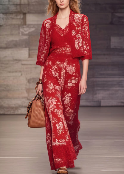 Women Red Print Lace Patchwork Spandex Two-Piece Set Summer