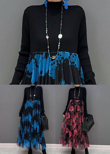 Women Red Print Stand Collar Patchwork Tulle Knit Long Dress Spring