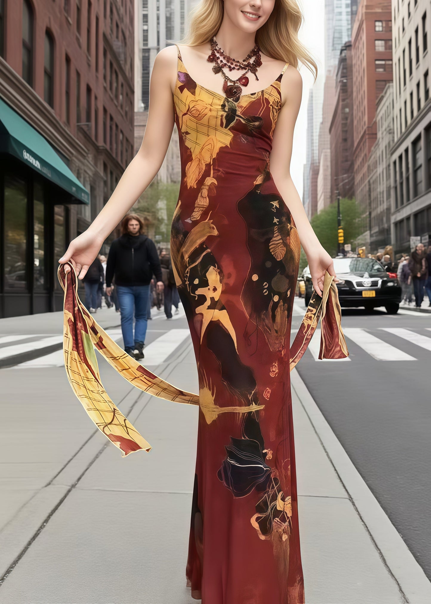 Women Red Print With Ribbon Silk Sundress Summer