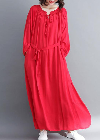 Women Red Quilting Dresses O Neck large hem Long Spring Dresses - SooLinen