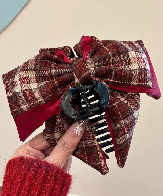 Women Red Resin Cotton Fabric Plaid Hairpin