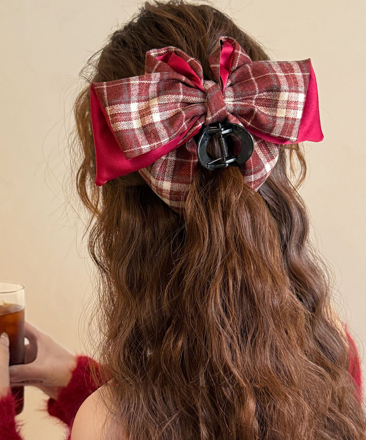 Women Red Resin Cotton Fabric Plaid Hairpin