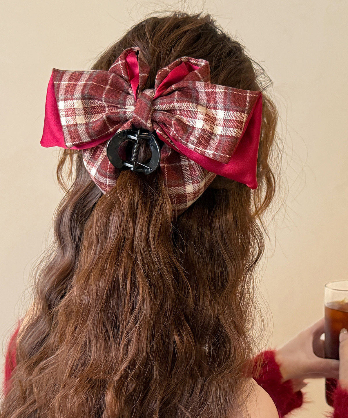 Women Red Resin Cotton Fabric Plaid Hairpin
