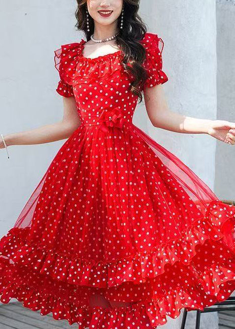 Women Red Ruffled Print Chiffon Robe Dresses Summer