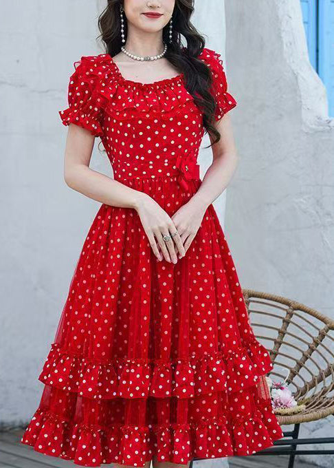 Women Red Ruffled Print Chiffon Robe Dresses Summer