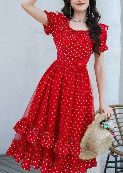 Women Red Ruffled Print Chiffon Robe Dresses Summer